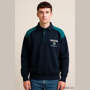 Y2K Brooks Tradition Men's Collared Sweatshirt Navy Teal Embroidered Streetwear